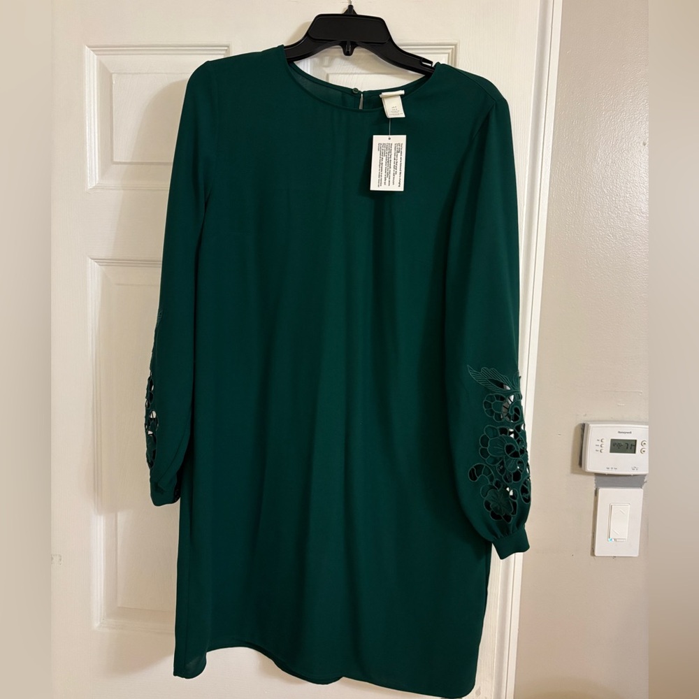 HM Dress Size 8 Embroidered Sleeves New Years Eve Midi Tunic Green Elegant